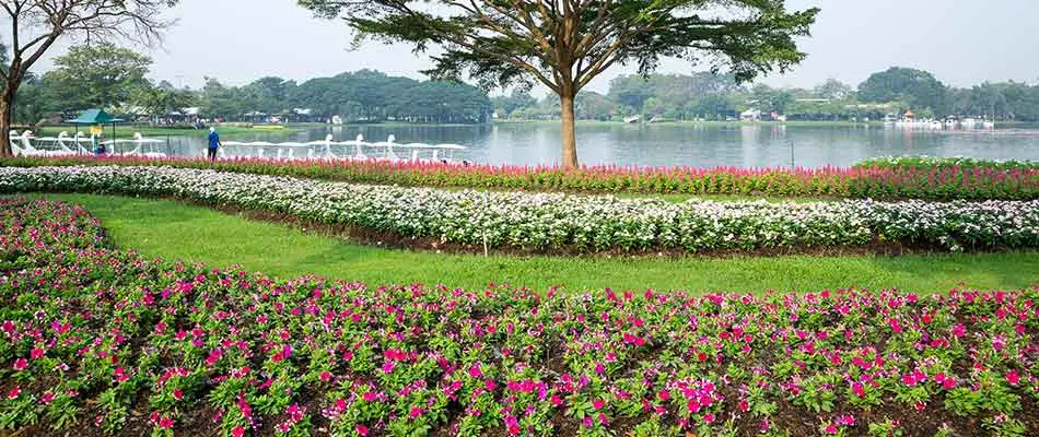 Annual flowers make this waterfront property's landscaping in Jupiter, FL look fantastic.