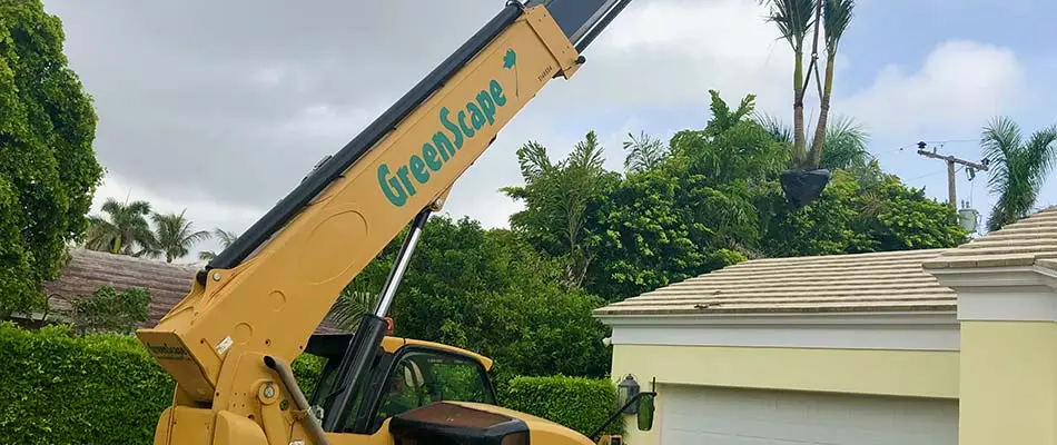 A Greenscape Design crane truck installing a palm tree at a Palm Beach, FL home.