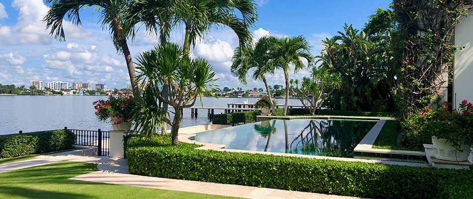 Landscape design installation around infinity pool at a home in Palm Beach, FL.